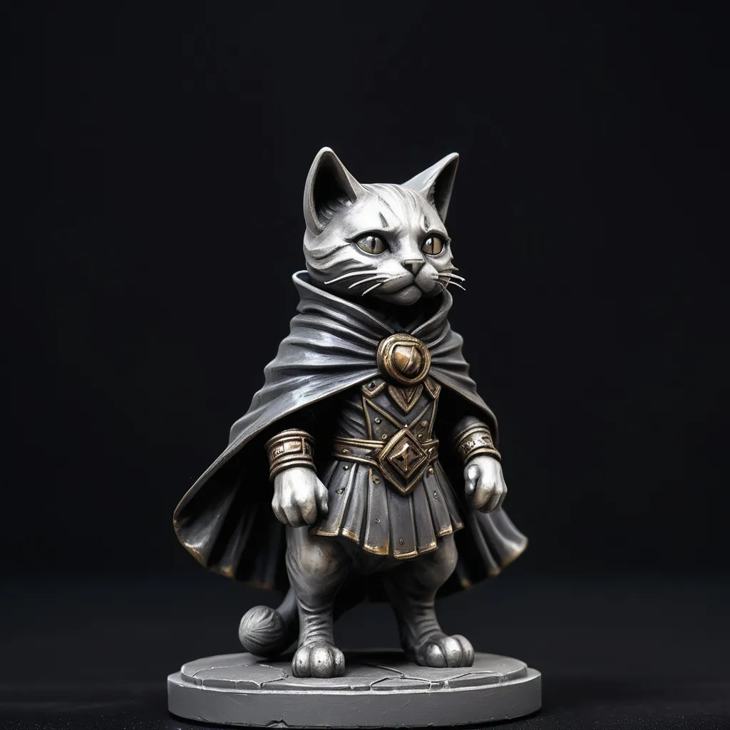 Prompt: a statue of a cat wearing a cape and a cape on its head, with a black background,, Altichiero, sots art, gloomhaven, a character portrait