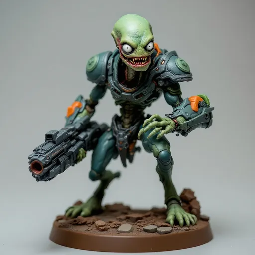 Prompt: Perched dynamically on a textured brown base, a formidable, Toxic Green and Melted Flesh hued mutated lab specimen-like creature stands out, showcasing a blend of organic and mechanical elements. It features a slender neck topped with an expressive head, where wide, white eyes peer with an intriguing mix of intelligence and curiosity. Encasing its shoulders is a futuristic armor adorned with intricate designs, while it grips a bulky weapon that augments its fierce appearance. The contrasting colors of matte and glossy paint bring depth to the figure, capturing attention with its vibrant accents, like hints of orange and green on the weapon. This impressive miniature evokes a sense of action and storytelling, suggesting a narrative steeped in a sci-fi universe where technology meets primal instincts.