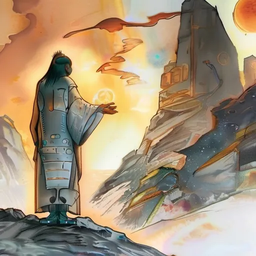 Prompt: A book cover for a sci-fi robot apocalypse novel - "Mankind's Final Creation." in Prominent biblical letters can be seen as the title - a striking figure with synthetic flowing auburn hair lies in a surreal landscape, her face partially broken, revealing robotic elements showing the lie of her human features. The backdrop showcases majestic mountains and a ruined world beneath a radiant sky, dominated by a glowing golden NEW structure that resembles a colossal gem or monolithic sun, a church of the artificial -casting warm light over the scene, yet built on the bones of the worlds dead from the robot wars.  This captivating blend of organic beauty and technological elements as well as dark and light -evokes themes of transformation and the convergence of humanity and machinery, inviting contemplation about identity and the future. 