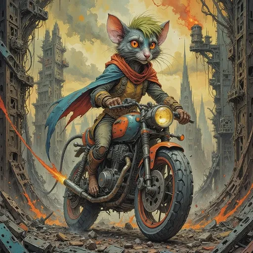 Prompt: Anthropomorphic Cat biker rogue with wild green hair races her futuristic motorcycle through the rat wild wastes and ruins to escape flying bio-mechanical attack drones that are chasing her in the briar down ruin.  