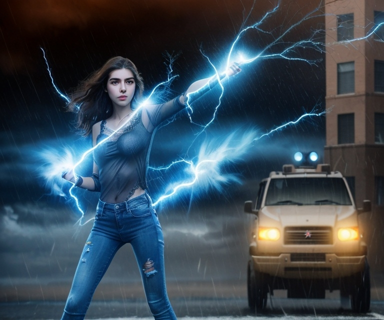 Prompt: Caught in the rain in a Nor-easter storm, a Tall young Armenian teen girl with superpowers, wearing see through lace top and torn jeans stands defiant against a robot swarm-her wild chestnut brown hair blowing in the wind- she uses her mystical powers of weather control to call down lightening to catch in her hands and fight the robots with the power of the storm.  