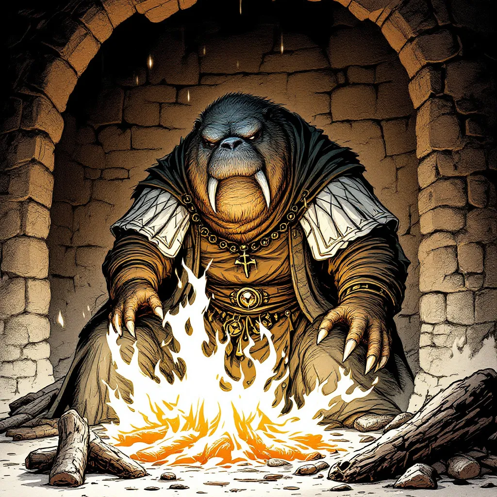 Prompt: dungeons and dragons style Anthropomorphic Walrus cleric and hearth tender, stoking a great fire to warm those resting in medical beds. 

