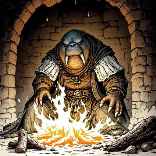 Prompt: dungeons and dragons style Anthropomorphic Walrus cleric and hearth tender, stoking a great fire to warm those resting in medical beds. 

