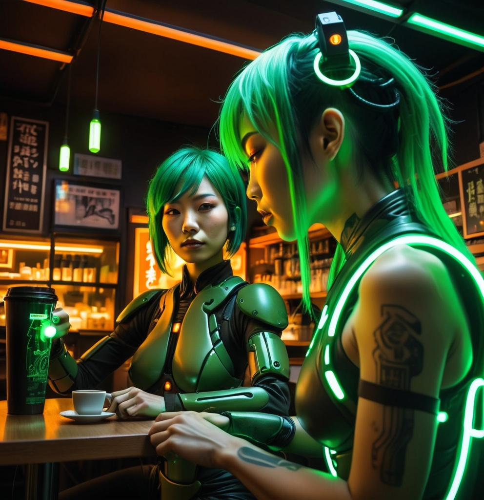 Prompt: Sci-fi Heroine, Japanese woman with green hair lit by inner woven green led's sparring cyberpunk style, with a biomimetic wired man in japanese coffee shop, highly detailed, HD, dark background lit by neon argon and glowing orange lights