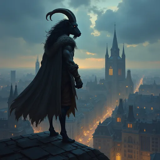 Prompt: A dexterous dungeons and dragons hero half goat half man Satyr/fawn ranger with stark rounded goats horns, and curly hair black as night stands poised, on the roof tops overlooking the great fantasy city aglow with city lights. His hooves clicking on the roof top's tiles. 