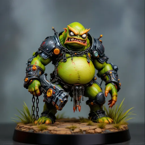 Prompt: Perched dynamically on a textured brown rocky base with tufts of painted grass, a formidable, toxic green and slime-hued fat mutated lab specimen-like creature WITH BROKEN CHAINS HANGING stands out, showcasing a blend of organic and mechanical elements. It features a slender neck topped with an expressive head, where wide, white eyes peer with an intriguing mix of intelligence and curiosity. Encasing its shoulders is a futuristic armor adorned with intricate designs, while it grips a bulky weapon that augments its fierce appearance. The contrasting colors of matte and glossy paint bring depth to the figure, capturing attention with its vibrant accents, like hints of orange and green on the weapon. This impressive miniature evokes a sense of action and storytelling, suggesting a narrative steeped in a sci-fi universe where technology meets primal instincts.