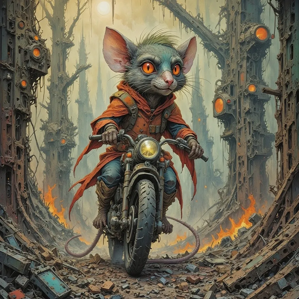 Prompt: Anthropomorphic Cat biker rogue with wild green hair races her futuristic motorcycle through the rat wild wastes and ruins to escape flying bio-mechanical attack drones that are chasing her in the briar down ruin.  