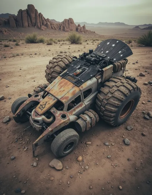 Prompt: A post apocalyptic rust and dust bodied car, characterized by a striking muscle body adorned with added steel armor plating and a prominent engine cover section featuring white stars, The car's aggressive design is amplified by its large rear tires and a black hood scoop, suggesting a muscle car aesthetic.The overall mood feels desperate, driven for need, driven for speed, evoking humanity's darker side in hunting for ways to survive