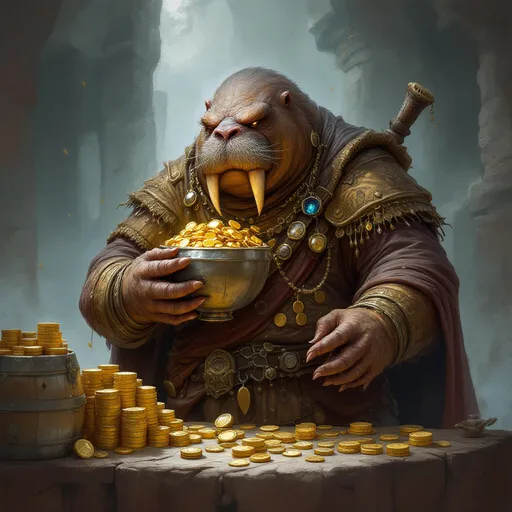 Prompt: dungeons and dragons style Anthropomorphic Walrus rogue, a wine merchant, counting stacks of gold and silver coins