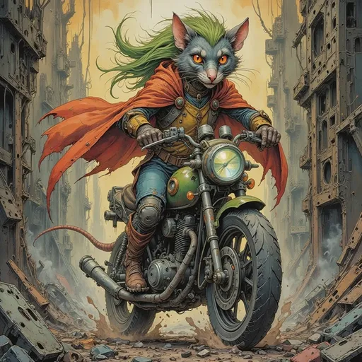 Prompt: Anthropomorphic Cat biker rogue with wild green hair races her futuristic motorcycle through the rat wild wastes and ruins to escape flying bio-mechanical attack drones that are chasing her in the briar down ruin.  