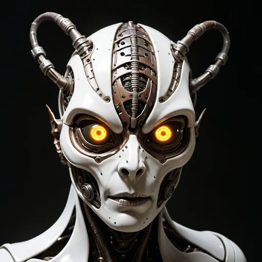 Prompt: A cybernetic glowing and wired facemask unlike any we have seen, colored in whites, blacks and rust in the design of an alien wide eyed insectoid like visage