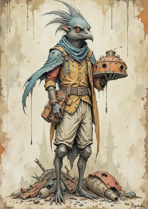 Prompt: Anthropomorphic Crow Merchant of the scavenged goods from the wasteland