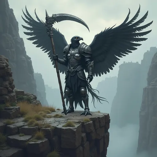Prompt: Standing on the great cliffs over the ravine of lost souls, the great paladin lifts his scythe high - a vulturan, anthropomorphic vulture paladin of the god of death in his black and silver armor of the harrowing... an undead hunter... the beaked warrior is ready for battle.   His wings spread and ready for flight