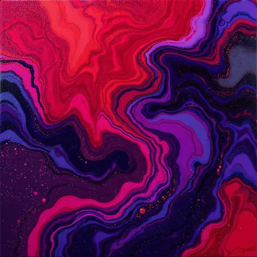 Prompt: A mesmerizing swirl of vibrant reds and deep purples/blues dances across the canvas, creating an abstract composition that captivates the viewer. reminiscent of bubbles floating on murky colored water  The fluidity of the colors is accentuated by glossy, amorphous shapes intermingling seamlessly, suggesting a sense of movement and energetic flow. Tiny specks of white and orange peek through the dominant hues, adding depth and texture to the overall surface. This strikingly vivid design invokes feelings of passion and dynamism, reminiscent of a cosmic phenomenon or a blooming flower in full vibrancy. The interplay of light and shadow enhances the rich color palette, making the artwork feel alive and inviting exploration.