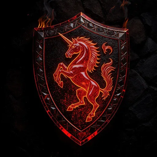 A striking heraldry shield dominates the dark backgr...