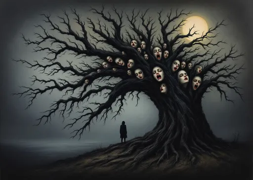 Prompt: hand painted thick oils on cracked old broken canvas, a tree... not any tree... but an old massive broken and bent tree... black against a smokey background... and from the depths of this tree are faces... a thousand faces... screaming to be let out... as this tree sits in the dark moonlit night. 