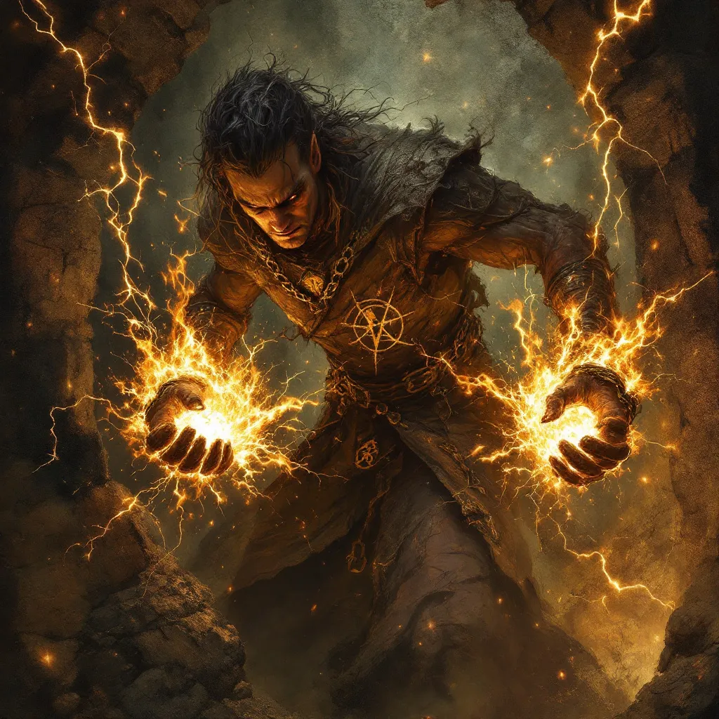 Prompt: arcane sigils burned into his rusted chained manacles normally would prevent the wizard from casting spells, but he, with sheer force of will, has tapped into the arcane magic of his captors power and uses the manacles to focus his spell energy at his captors with a crackle of lightening.  