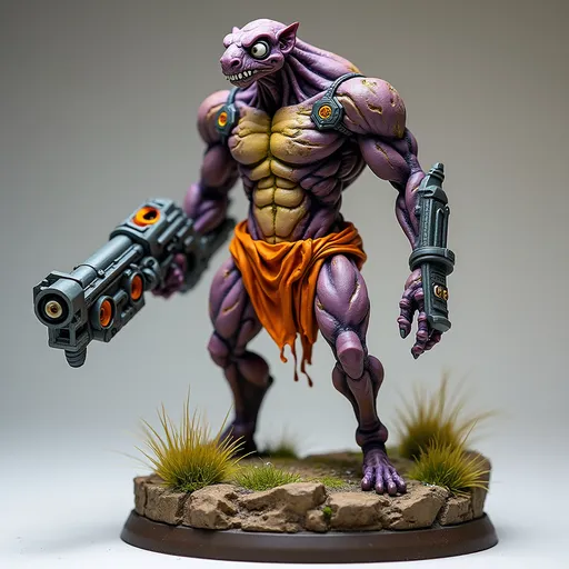 Prompt: Standing high and dynamically on a textured brown rocky base with tufts of painted grass, a formidable, purple yellow and slime-hued twist of mutated lab specimen-like creature in torn lab subject specimen clothing stands out, orange fabric torn and blowing in the wind - the mutated creatures flesh showcasing a blend of organic and mechanical elements. It features a slender neck topped with an expressive head, where wide, white eyes peer with an intriguing mix of intelligence and curiosity. Encasing its shoulders is a futuristic armor adorned with intricate designs, while it grips a bulky weapon that augments its fierce appearance. The contrasting colors of matte and glossy paint bring depth to the figure, capturing attention with its vibrant accents, like hints of orange and green on the weapon. This impressive miniature evokes a sense of action and storytelling, suggesting a narrative steeped in a sci-fi universe where technology meets primal instincts.