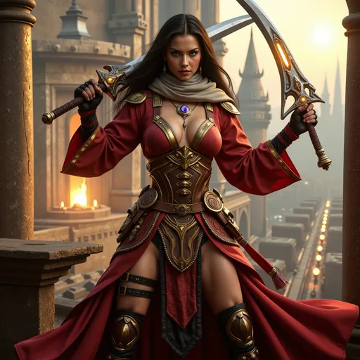Prompt: A fierce elven woman warrior skin pale as moonlight, and hair black as night stands poised, exuding confidence and strength as she brandishes a curved sword, its blade reflecting the light. Dressed in a richly adorned outfit that mixes deep reds and earthy tones in layers and layers of sleek silks, she wears an intricately designed belt laden with various tools and weapons, enhancing her commanding presence. Her flowing garments billow dramatically, suggesting movement and the ability to conceal more weapons, while a light scarf drapes over her shoulders, adding an air of mystery. Adorned with golden jewelry and vibrant jewelry, her fierce expression conveys determination and charisma, hinting at an adventurous spirit and a story brimming with intrigue. The overall composition is striking and dynamic, inviting curiosity about her journey and the challenges she faces.  her left foot is placed on a balcony ready to leap out into the warm glowing city, off on some adventure