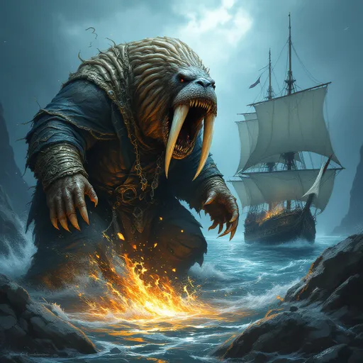Prompt: dungeons and dragons style Anthropomorphic Walrus warlock, summoning up the bones of dead fish and whales to attack an enemy sailing ship