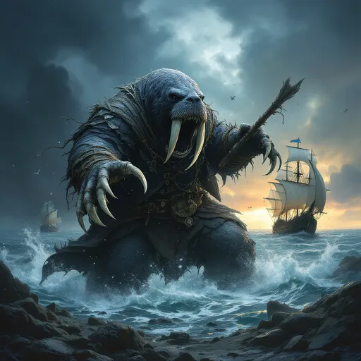 Prompt: dungeons and dragons style Anthropomorphic Walrus warlock, summoning up the bones of dead fish and whales to attack an enemy sailing ship