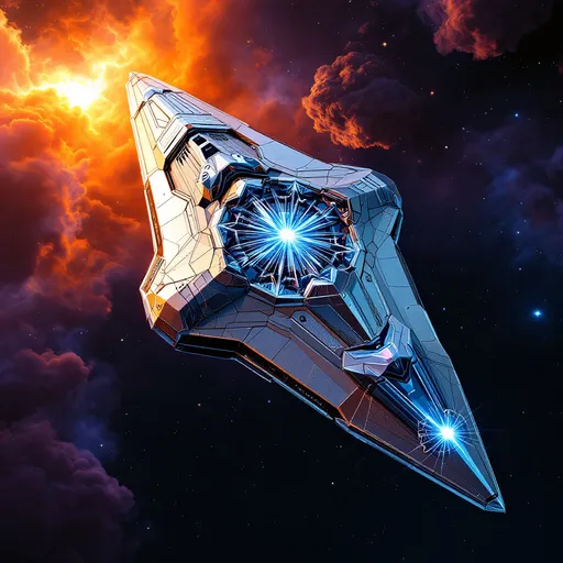 Prompt: Featuring a sleek, metallic object with intricate detailing, this illustration depicts a futuristic ship designed for interstellar travel, showcasing a power core at its heart visualized as a physical starburst motif at its center. The design incorporates various geometric shapes and patterns, giving it a blend of elegance and functionality and appearing as solid crystal- The shading creates a three-dimensional effect, accentuating the curves and edges, while the light source suggests a soft illumination across the surface, enhancing the intricate details.  The ship floats in space, near an orange and purple nebula of gasses that allow the ship to stand out against its backdrop.  