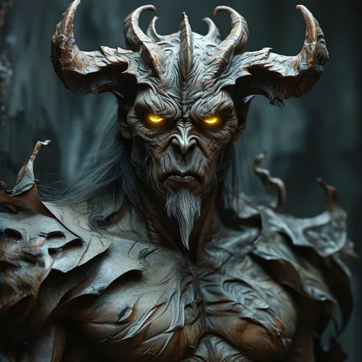 Prompt: Emerging from the darkness, a strikingly detailed figure embodies a mythical demon, characterized by its imposing horns that curve sharply upwards, surrounded by textured, rugged skin reminiscent of tree bark. The fierce countenance, with deep-set eyes and a furrowed brow, expresses an intense, almost primal energy, accented by the vivid red tones that contrast sharply against the dark background. This creature's chest is intricately designed with layers of hardened, steel-like material, adding to its menacing presence. The lighting emphasizes the rough textures and contours of its face and body, creating a dramatic interplay of shadow and light that enhances its terrifying yet fascinating nature. The overall composition evokes a sense of awe and unease, inviting viewers to ponder the stories and myths surrounding such a formidable being.  Overall what stands out the most is the glow of its yellow poison eyes... and how they glare at the viewer.  