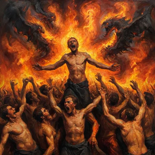 Prompt: Emerging from a swath of treacherous devouring flames arms, screaming faces, bodies reach for freedom from the burning torment - many souls trapped in the never ending fire seeking to get out