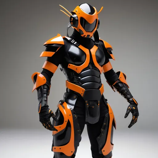 Prompt: lithe cybernetic full ninja armor in sleek blacks and oranges, design themed on a japanese wasp - stinger blade arm daggers below the wrists can shoot out at need.