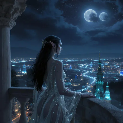 Prompt: An elven courtesan of midnight hair, and pale skin, wearing soft semitransparent crystal robes, steps out on to her balcony to look out over the elven city of glass lit at night under the three moons.  