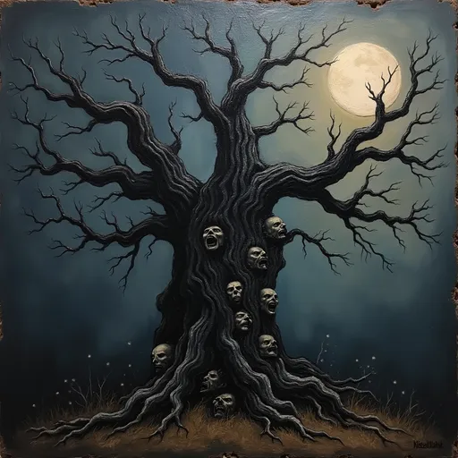 Prompt: hand painted thick oils on cracked old broken canvas, a tree... not any tree... but an old massive broken and bent tree... black against a smokey background... and from the depths of this tree are faces... a thousand faces... screaming to be let out... as this tree sits in the dark moonlit night. 