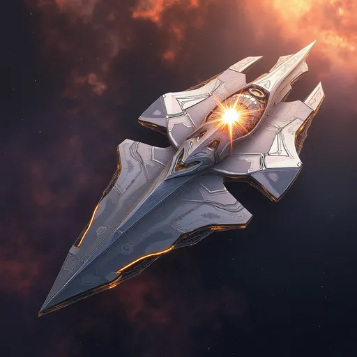 Prompt: Featuring a sleek, metallic object with intricate detailing, this illustration depicts a futuristic ship designed for interstellar travel, showcasing a power core at its heart visualized as a physical starburst motif at its center. The design incorporates various geometric shapes and patterns, giving it a blend of elegance and functionality and appearing as solid crystal- The shading creates a three-dimensional effect, accentuating the curves and edges, while the light source suggests a soft illumination across the surface, enhancing the intricate details.  The ship floats in space, near an orange and purple nebula of gasses that allow the ship to stand out against its backdrop.  
