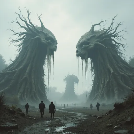 Prompt: In a surreal, dystopian landscape, towering structures resembling organic, skeletal forms rise from a barren ground marked by deep shadows and muted tones. These grotesque edifices, with their intricate web-like designs and dripping textures, create a haunting atmosphere, as if nature and architecture have merged into a nightmarish vision. Silhouetted figures roam the desolate space, their postures conveying a sense of wonder and trepidation as they navigate this eerie environment. The overall scene is shrouded in a diffuse, pale light, suggesting an otherworldly time and place, evoking feelings of isolation and the uncanny. This composition, with its blend of architectural fantasy and biological elements, powerfully portrays a narrative of exploration in a world caught between decay and the unknown.