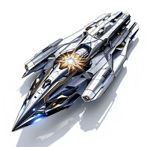 Prompt: Featuring a sleek, metallic object with intricate detailing, this illustration depicts a futuristic ship designed for interstellar travel, showcasing a powercore at its heart visualized as a physical starburst motif at its center. The design incorporates various geometric shapes and patterns, giving it a blend of elegance and functionality and appearing as solid crystal- The shading creates a three-dimensional effect, accentuating the curves and edges, while the light source suggests a soft illumination across the surface, enhancing the intricate details. The background remains minimal, emphasizing the object and inviting viewers to appreciate its craftsmanship and imaginative design. The overall mood conveys a sense of adventure and otherworldliness, reminiscent of sci-fi narratives.