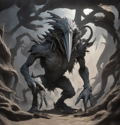 Prompt: Emerging from a surreal and stylized setting, a foreboding, avian humanoid figure with sharp long nightmarish beak, crouches menacingly amidst intricate, twisted forms that suggest a world teeming with dark fantasy. The creature, crafted in shades of gray, boasts elongated limbs and a grotesque, avian-like head with sharp long stabbing beak, with piercing yellow eyes that enhance its eerie presence. Draped in tattered layers of fabric that seem to blend seamlessly with its form, it exudes an ominous energy, poised as if ready to spring into action. The environment, subtly lit by overhead fixtures, features additional abstract creatures that echo the ominous style of the central figure, creating a sense of depth and otherworldliness. This sculptural piece captures a narrative steeped in mystery and foreboding, engaging the viewer with its striking design and the palpable tension of an impending encounter.