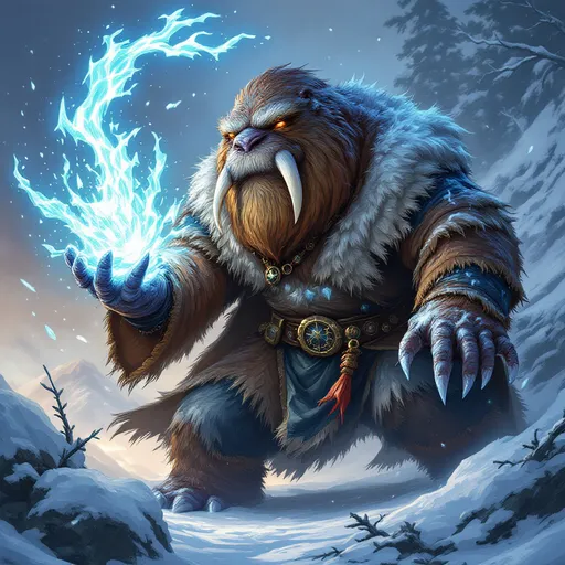 Prompt: dungeons and dragons style Anthropomorphic Walrus wizard, calling up the ice and snow in elemental magic against his foes

