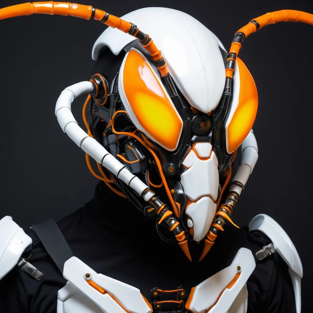 Prompt: cybernetic wired insectoid mask complete with mandibles and full body armor in whites, blacks, and glowing oranges.  reminiscent design of the mantis or wasp