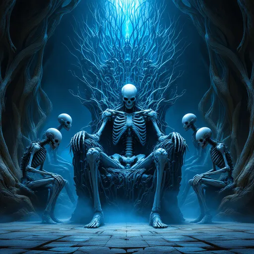 Prompt: In a surreal and hauntingly intricate scene, a skeletal figure dominates the center, seated on a throne that appears woven from organic materials and machinery, surrounded by four smaller, similarly skeletal companions. Each figure exhibits an eerie blend of humanoid form and mechanical elements, highlighted by elongated heads and sinuous features, emanating a sense of both majesty and menace. The environment is illuminated by an ethereal blue glow that contrasts sharply with the dark, twisted architecture that frames the backdrop, enhancing the otherworldly atmosphere. The composition draws the eye toward the central figure, emphasizing its importance, while the intricate details of the skeletal forms and flowing lines of the throne create a sense of elaborate complexity. Overall, the image conveys a mood of ominous power and an unsettling beauty, suggesting a narrative steeped in science fiction and existential themes.