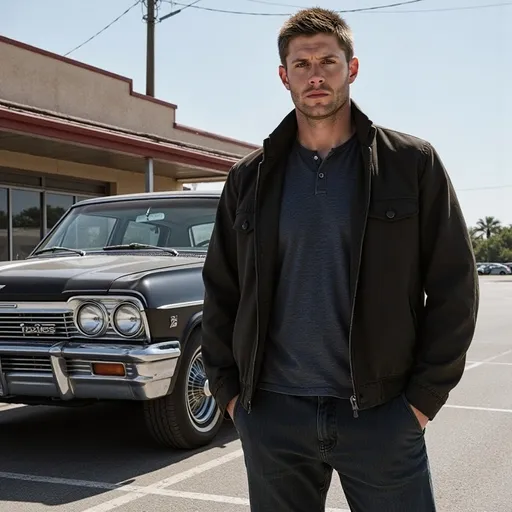 Prompt: Dean Winchester, Wayward Son, standing in front of a 1964 Black 4 Door Chevy Impala by a roadside diner in texas. 