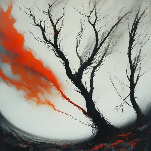 Prompt: Dark, gnarled branches stretch across a stark, predominantly white background, their silhouette set ablaze in vibrant red. The twists and turns of the trees create a sense of movement, as if they are swaying in a strong wind. The contrast between the fiery red hues and the muted white space above evokes an unsettling yet captivating atmosphere. This striking visual composition suggests a narrative of struggle or transformation, with the trees almost reaching out from the dark foreground into the bright expanse above, embodying both chaos and beauty in their entangled forms.
