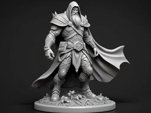 Prompt: 3D Printable Resin Miniature, detailed gaming character, dynamic pose, intricate features, solid gray resin, fantasy theme, ultra-detailed design, perfect for tabletop games, emphasizing textures and detailing, stylish contours, high-quality rendering, immersive atmosphere, captivating representation of gaming lore, suitable for advanced printing techniques.