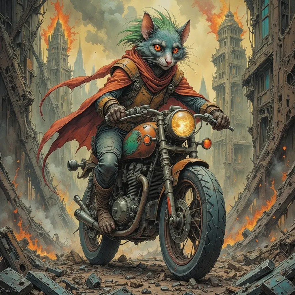 Prompt: Anthropomorphic Cat biker rogue with wild green hair races her futuristic motorcycle through the rat wild wastes and ruins to escape flying bio-mechanical attack drones that are chasing her in the briar down ruin.  