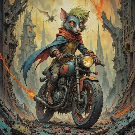 Prompt: Anthropomorphic Cat biker rogue with wild green hair races her futuristic motorcycle through the rat wild wastes and ruins to escape flying bio-mechanical attack drones that are chasing her in the briar down ruin.  