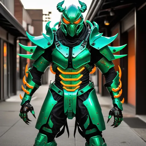 Prompt: lithe cybernetic full slim body power armor suit and mask in the style of a japanese samurai scorpion hero.  colored in jade green, crystal green, blacks and glowing oranges, with stinger blade arms and glowing cybernetic scorpion stinger on the back.