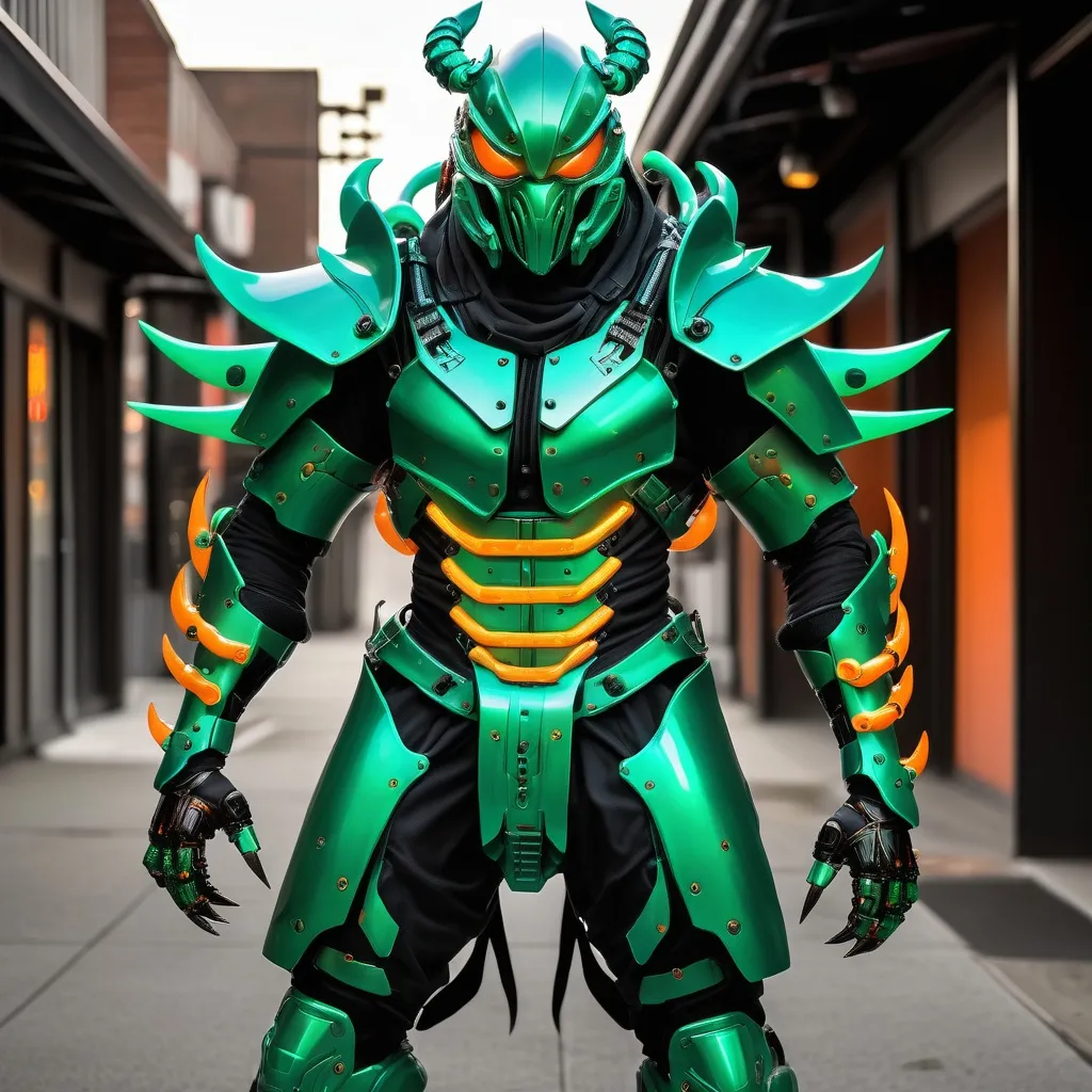 Prompt: lithe cybernetic full slim body power armor suit and mask in the style of a japanese samurai scorpion hero.  colored in jade green, crystal green, blacks and glowing oranges, with stinger blade arms and glowing cybernetic scorpion stinger on the back.