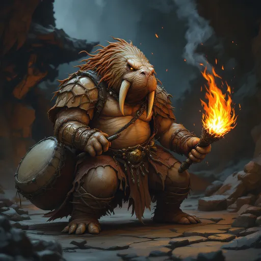 Prompt: dungeons and dragons style Anthropomorphic Walrus bard with a great skin drum, as he pounds a great dance beat by the fire