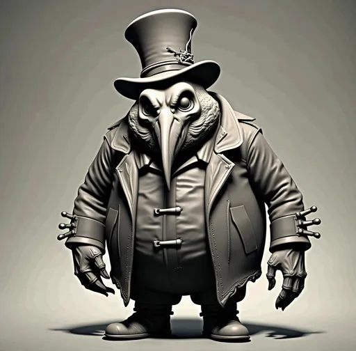 Prompt: 3d Printable Full body sculpt of a n overly obese figure- designed as a gray Resin Miniature for 3d printing- depicting a horror themed english plague doctor with vulture skull mask and in ratty torn hat and cloak in the victorian era.  