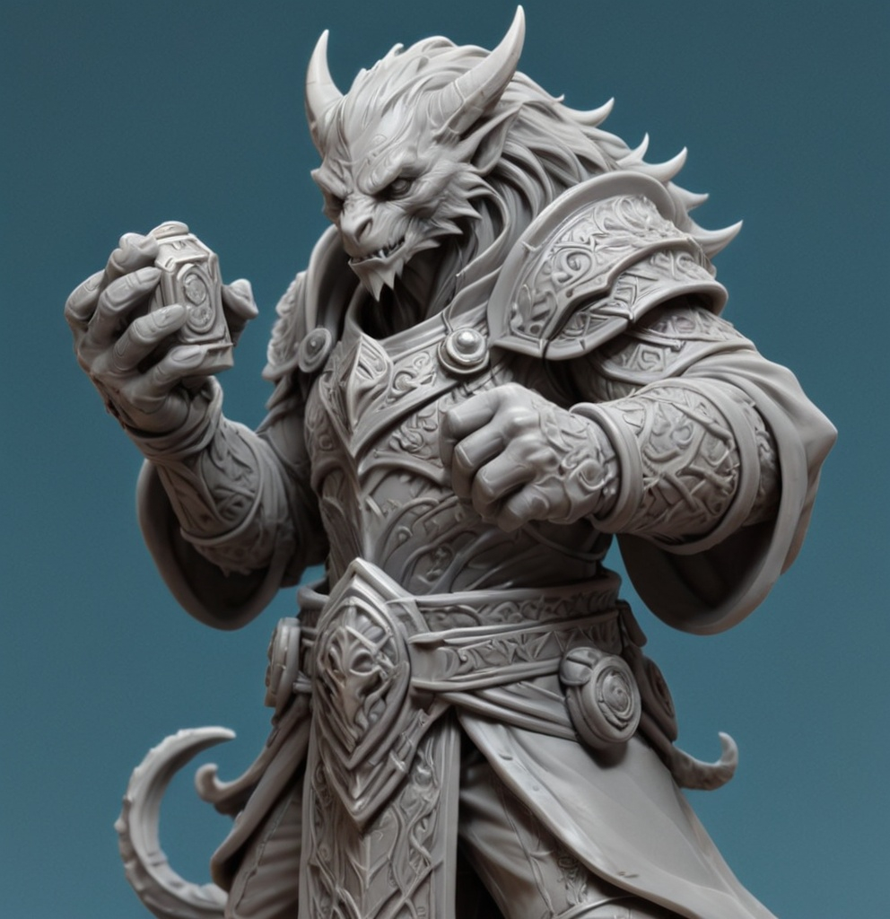 Prompt: 3D Printable Resin Miniature, detailed gaming piece, dynamic pose, intricate features, solid gray resin, fantasy theme, ultra-detailed design, perfect for tabletop games, emphasizing textures and detailing, stylish contours, high-quality rendering, immersive atmosphere, captivating representation of gaming lore, suitable for advanced printing techniques.