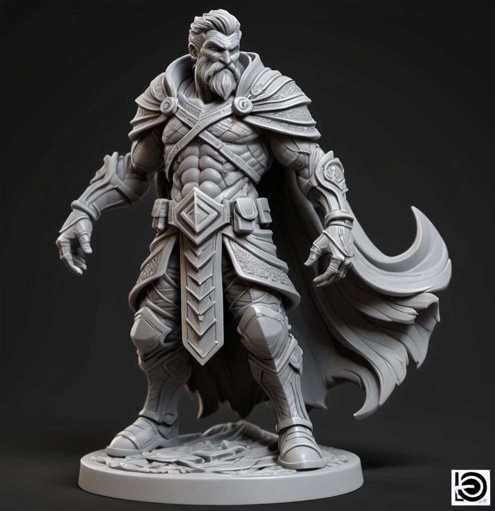 Prompt: 3D Printable Resin Miniature, detailed gaming character, dynamic pose, intricate features, solid gray resin, fantasy theme, ultra-detailed design, perfect for tabletop games, emphasizing textures and detailing, stylish contours, high-quality rendering, immersive atmosphere, captivating representation of gaming lore, suitable for advanced printing techniques.