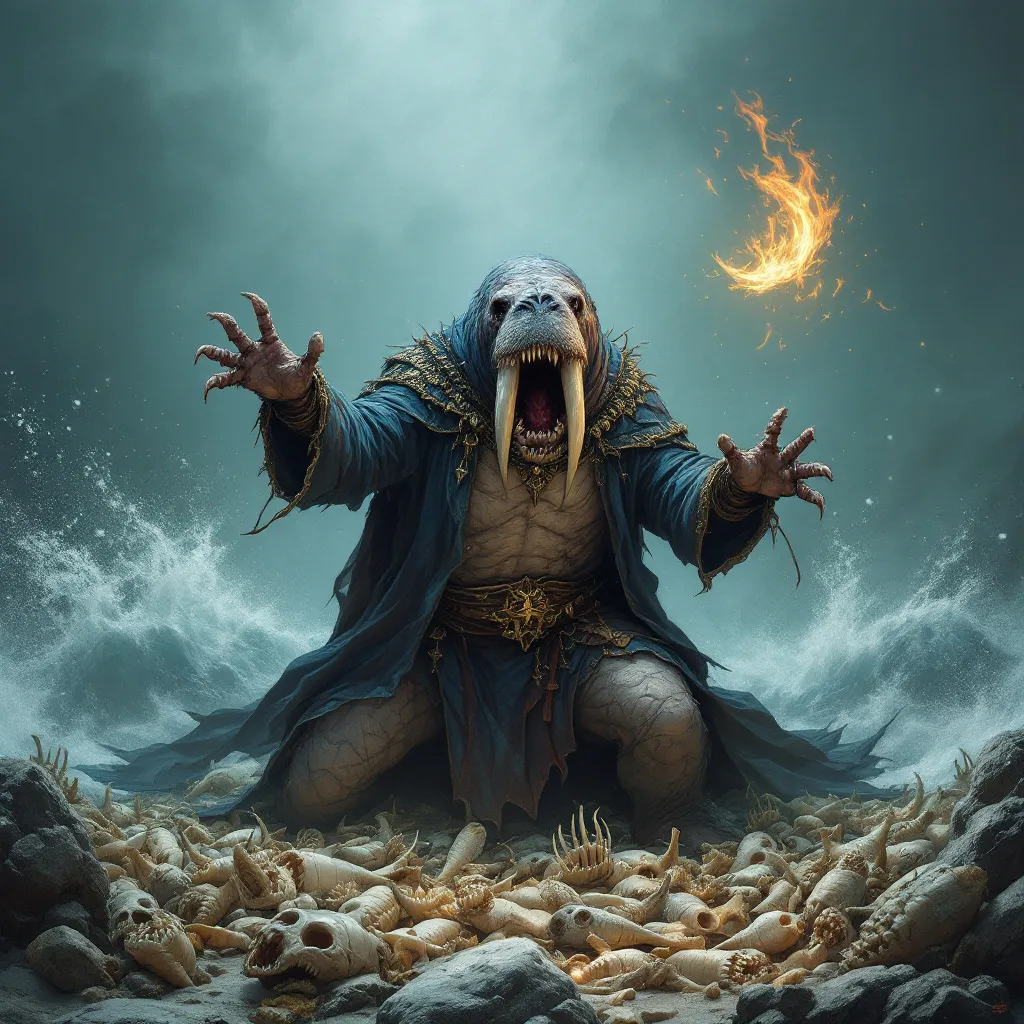 Prompt: dungeons and dragons style Anthropomorphic Walrus warlock, summoning up the bones of dead fish and whales from the very sea